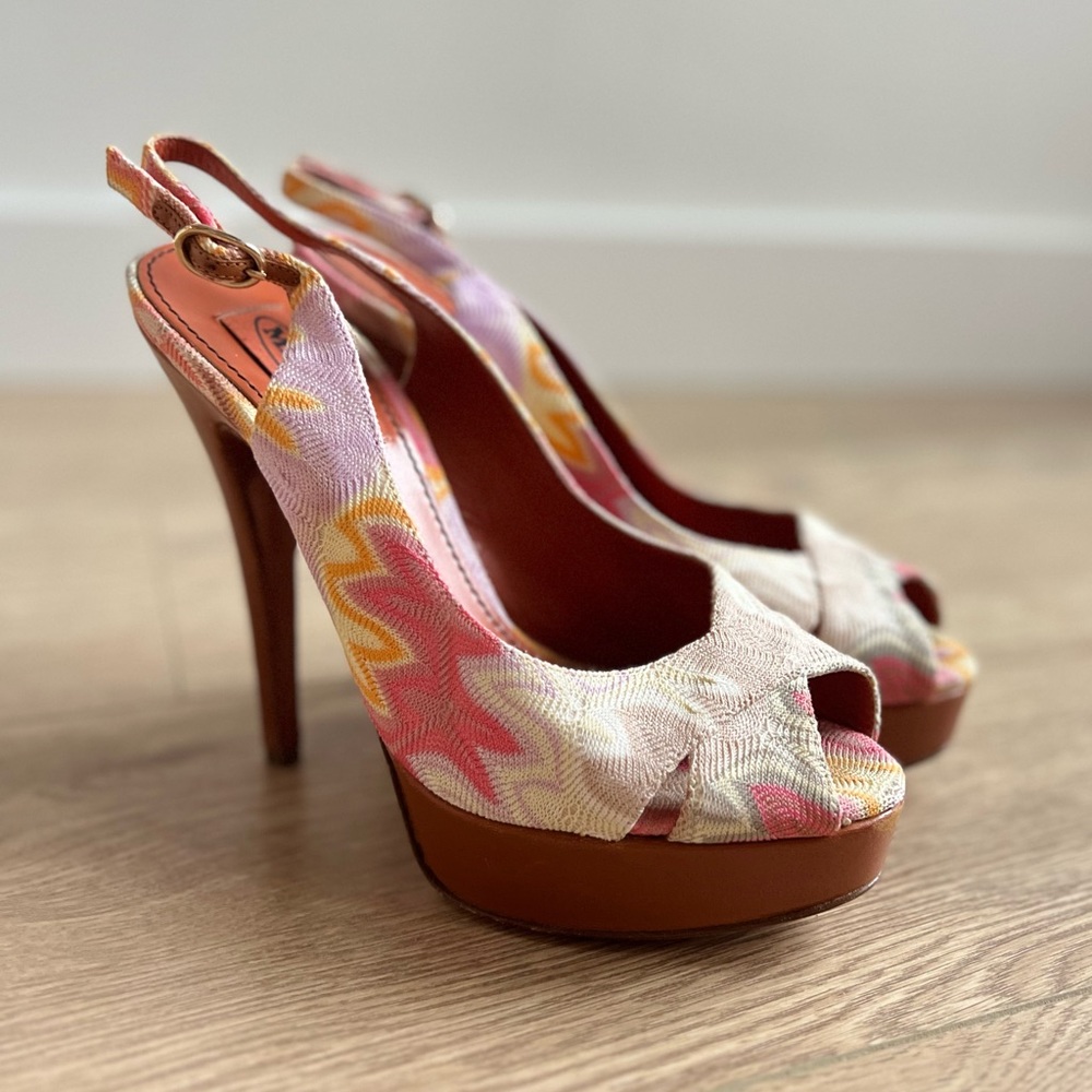 MISSONI Pink/Multicolour Weave Fabric Peep-toe Stiletto Platform Heels